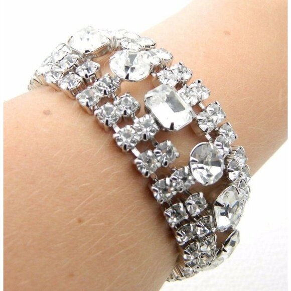 Vintage Art Deco Style Rhodium Silver Tone Clear CZ Rhinestone Wide Bracelet (D) - Picture 1 of 7